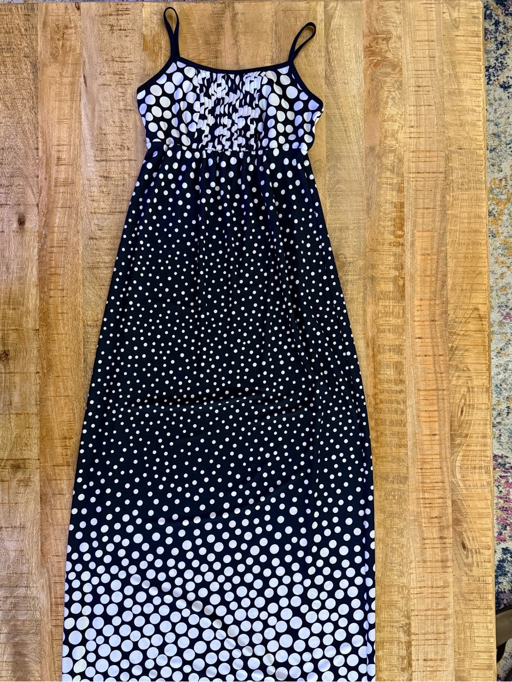 En Focus Studio Size 6 Navy Blue White Polka Dot Ruched Maxi Dress Spaghetti